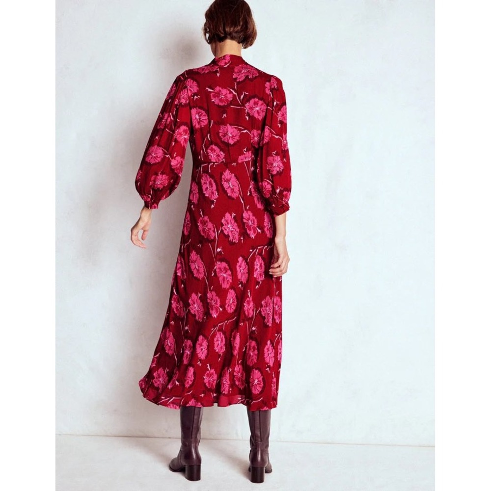 BODEN Brooke Tie Neck Tea Dress Cranberry Red, Delicate Vine Size 12R New W/ Tag - Picture 2 of 7